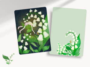Writing note cards with whimsical and playful illustrations of a fairy in the lily of the valley garden.