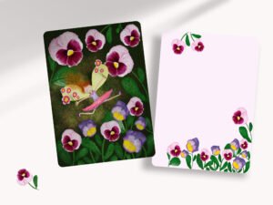 All occasion notecards with pansies and garden fairy artwork. The cards are printed on front and back with beautiful illustration and details.