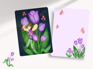 All occasion notecards with purple tulips and a garden fairy artwork. The notecards are printed on the front and back for beautiful illustrations and details.