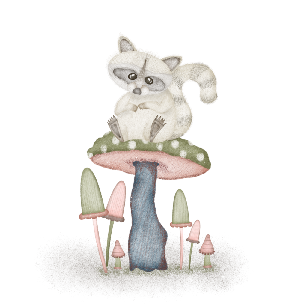 raccoon sitting on mushrooms whimsical artwork for paper stationery and art prints
