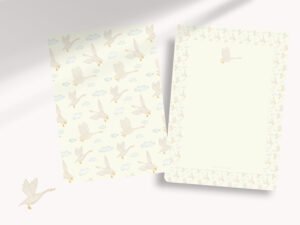 An all occasions notecard stationery set with premium envelopes featuring serene flying geese patterns. The front and back of notecards are printed with beautiful illustrations and details.