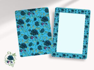 An all occasion notecard stationery set with premium envelopes featuring indigo peony bloom patterns. The front and back of notecards are printed with beautiful illustrations and details.