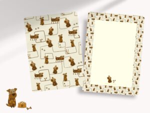 An all occasions notecard stationery set with premium envelopes featuring adorable brown dog patterns. The front and back of notecards are printed with beautiful illustrations and details.