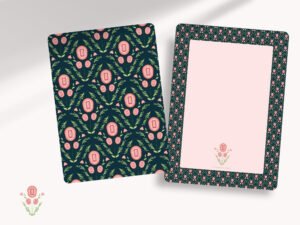 An all occasions notecard stationery set with premium envelopes featuring pink flower filigree patterns. The front and back of notecards are printed with beautiful illustrations and details.