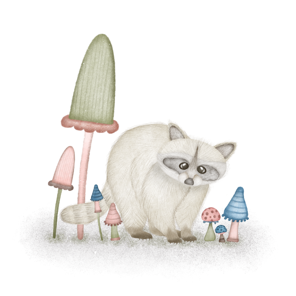 Whimsical raccoon in a magical mushroom forest art work